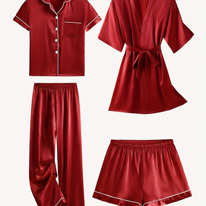 JULIETTE | 4-PIECE SOLID SATIN PAJAMA MID-SLEEVE ROBE SET